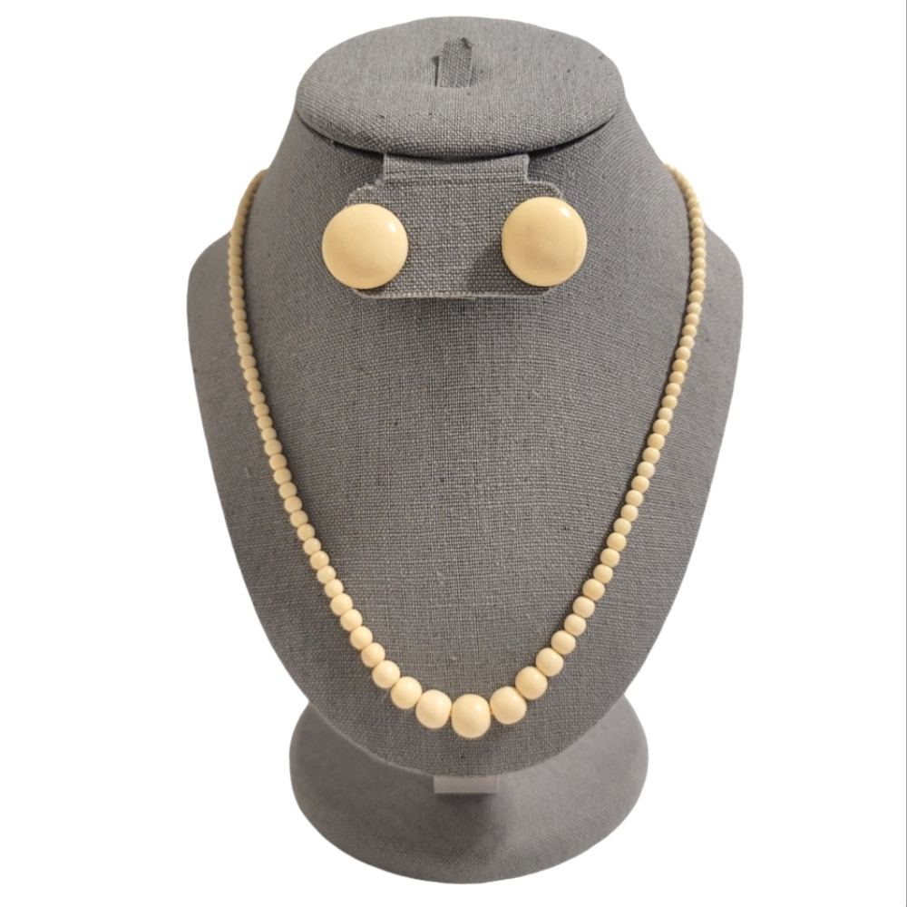 Ivory Beaded Necklace & Clip On Earrings Set Authentic Vintage Fashion Jewelry